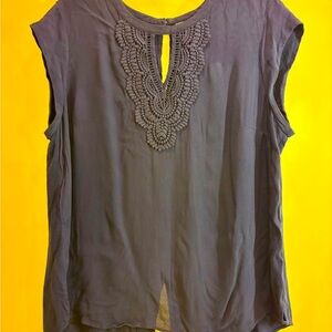 Daniel Rainn Navy Crochet-Front Sleeveless Blouse